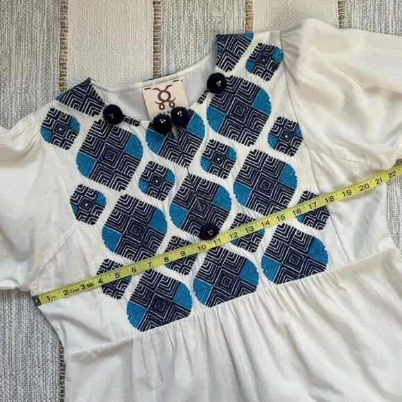 Figue Lucie White Blue Embroidered Pom Pom Long Balloon Sleeves Boho Mini Dress - Picture 9 of 13